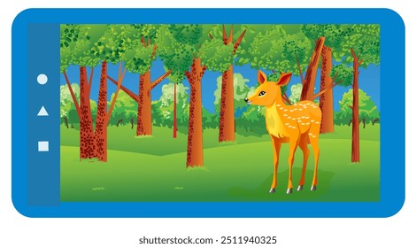 View through mobile device of a beautiful young fawn in a thick forest. Vector illustration.