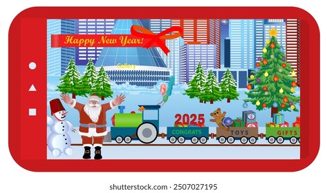 View through mobile device to main city street with Santa Claus train full of gifts for children. Vector illustration.