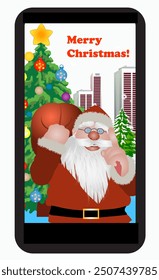 View through mobile device of Santa Claus with his sack full of toys for children. With a congratulation Merry Christmas 2025. Vector illustration for greetings cards and design elements.