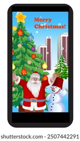 View through mobile device of Santa Claus saying Merry Christmas and his helper Snowman against de background of the city buildings. Vector illustration.