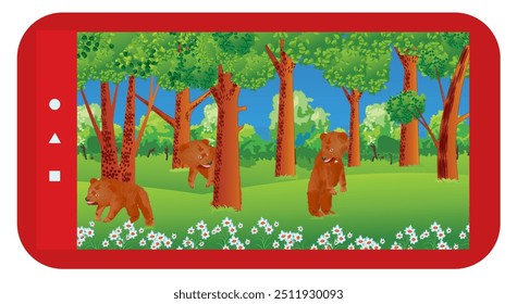 Vista a través del dispositivo móvil de tres osos jugando al escondite en un claro del bosque. Ilustración vectorial.