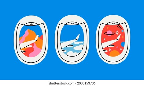 View through the porthole of aircraft. Airplane windows set. Various skyscapes through portholes. Mountain, space, planets, clouds and wings. Hand drawn Vector illustration. Travel, journey concept