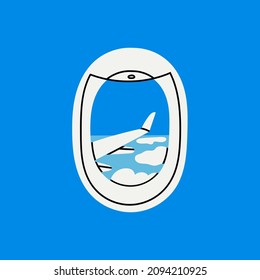 View through the porthole of aircraft. Airplane window. Clouds and plane wing skyscape through porthole. Hand drawn square Vector illustration. Travel, flight, view, journey concept