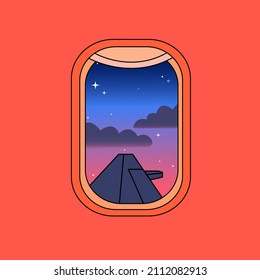 View through the porthole of aircraft. Airplane window. Sky and stars and clouds. Sunset trough window. Hand drawn square Vector illustration. Travel, flight, view, journey concept