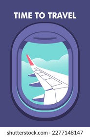 Blick durch die Porthole der Flugzeuge. Reisekonzept, Reisekonzept. Perfekter Hintergrund zum Thema Saisonurlaub, Wochenende. Vektorgrafik im minimalistischen Stil.