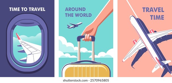 View through the porthole of aircraft. Woman holding a suitcase in her hand close-up and a airplane taking off. Travel, journey concept. Perfect background on the theme of season vacation, weekend.