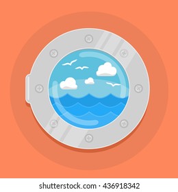 View through the ship porthole flat color vector illustration. Waves and clouds on the background