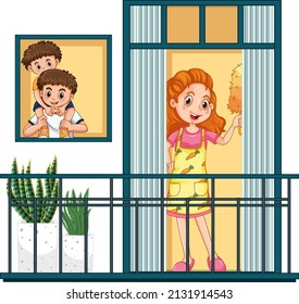 View through the window balcony of happy family illustration