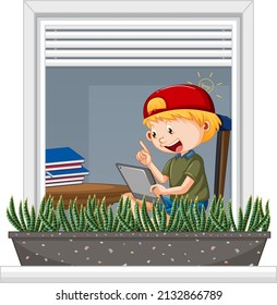View through the window of a boy cartoon character illustration