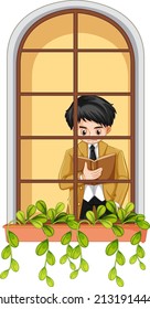 View through the window of a business man reading book illustration