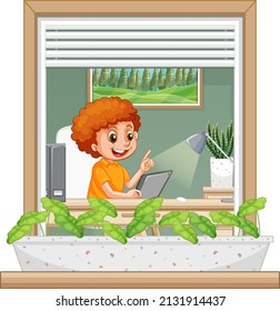 View through the window of cartoon character illustration