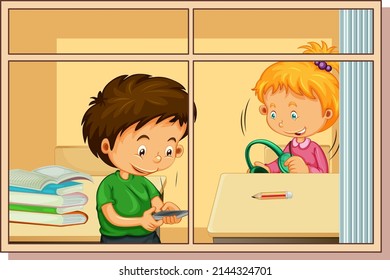 View through the window of cartoon character illustration