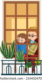 View through the window of cartoon character illustration