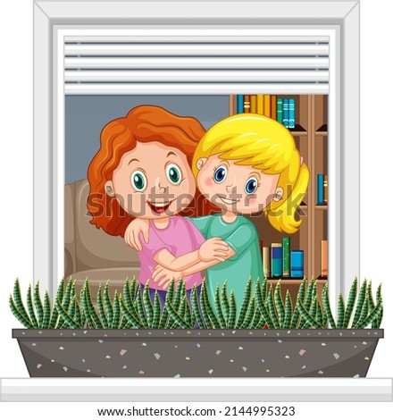 View through the window of children cartoon character illustration