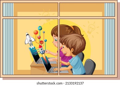 View through the window of children doing homework illustration