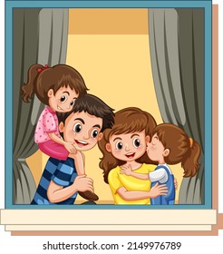 View Through The Window Of Family Members Cartoon Character Illustration