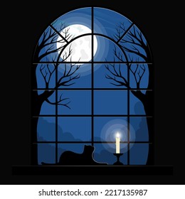 View through the window of the full moon in the sky and the black cat lying on the windowsill looking at the candle on the black background