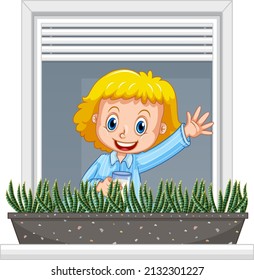 View through the window of a girl cartoon character illustration