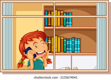View through the window of a girl cartoon character illustration