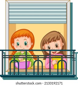 View through the window of girls cartoon character illustration