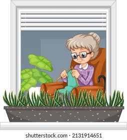 View through the window of granny knitting illustration
