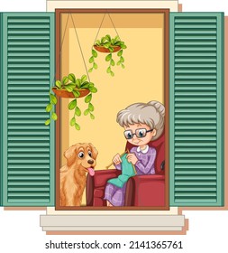 View through the window of granny knitting illustration