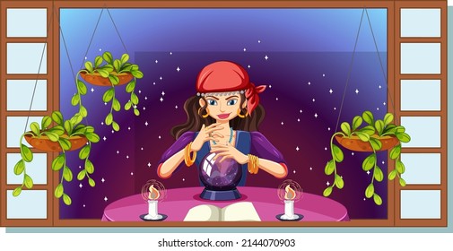 View through the window of gypsy fortune teller illustration