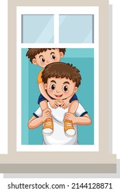 View through the window of a man with his son illustration