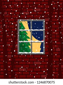 View through the window of the room with a Christmas tree. The facade of the house is red brick. It's snowing. 