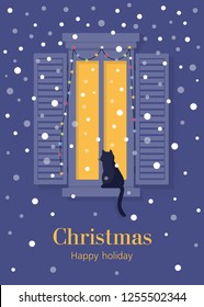 View through the window from the street. Snowfall. Christmas card. New Year. The facade of the house in winter. Vector flat illustration