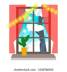 View through the window to the street. Winter landscape. Decorated with Christmas tree and garland. Vector illustration in cartoon style.
