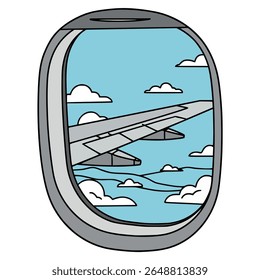 view through window of wing of plane sky flat color vector illustration template design