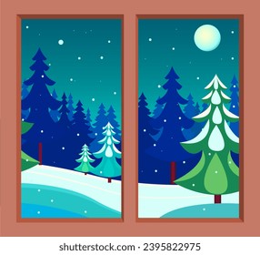 view through the window of a winter forest on a moonlit night during snowfall