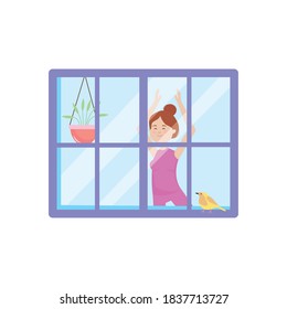 view through the window of a woman practicing yoga at home activity indoor vector illustration