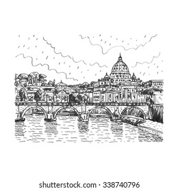 View at Tiber and St. Peter's cathedral in Rome, Italy. Vector hand drawn sketch.