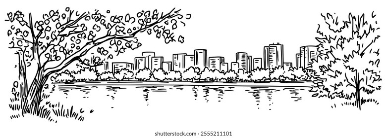 view of Tokyo from Ueno Park, doodle hatching vector sketch, panoramic view