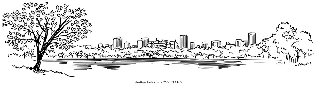 view of Tokyo from Ueno Park, doodle hatching vector sketch, panoramic view