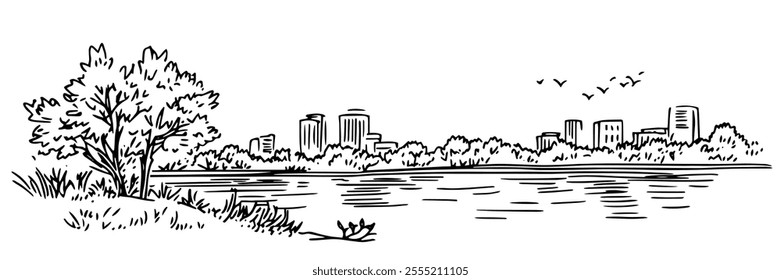 view of Tokyo from Ueno Park, doodle hatching vector sketch, panoramic view