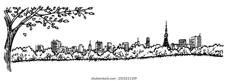 view of Tokyo from Ueno Park, doodle hatching vector sketch, panoramic view