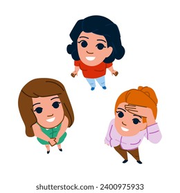 view top above person  vector.  overhead human, set flat, female crowd view top above person character. people flat cartoon illustration