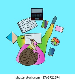 A view from the top of a girl making homework, illustration, vector, print, poster 