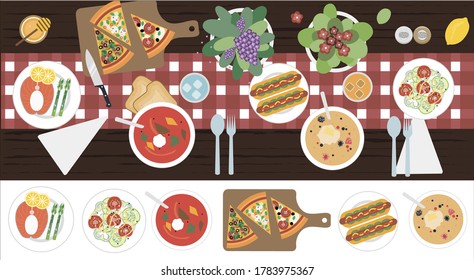 The view from the top on the table with dinner for two. Vector illustration of a dining table with soup, hot dogs, salad, pizza, fish, meat, juice and appliances. Flat design for a restaurant, menu