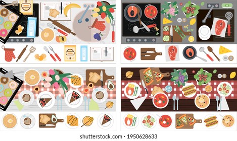 The view from the top on the table with dinner for two. Vector illustration of a dining table with soup, hot dogs, salad, pizza, fish, meat, juice and appliances. Wooden table with tablecloth, flowers