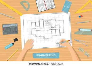 View from the top of table with tools for drawing. Designer draws the plan of the house. Hands of engineer. Architect sketching a construction project. Vector illustration.