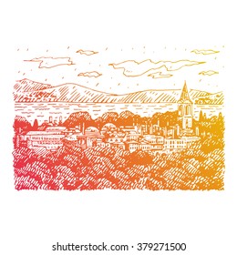 View of Topkapi Palace, Istanbul, Turkey. Vector freehand pencil sketch.
