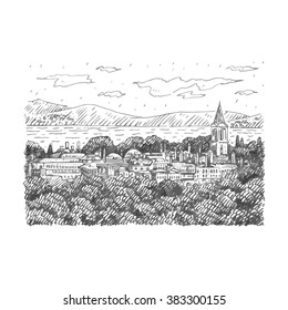 View of Topkapi Palace, Istanbul, Turkey. Vector freehand pencil sketch.