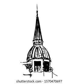 View of tower with spire of house in downtown of Saint Petersburg. Old town building, urban sketching. Historical center of city. Black and white hand drawn graphic, yard, windows, walls, door, roof