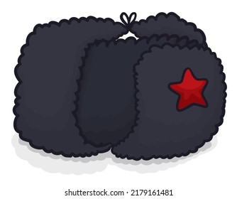 View Of Traditional Ushanka Hat With Folded Ear Muffs, Red Star And Black Colored Fur.