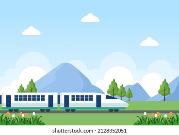 Vista del tren en montaña o mar en plano Afiche Fondo de ilustración