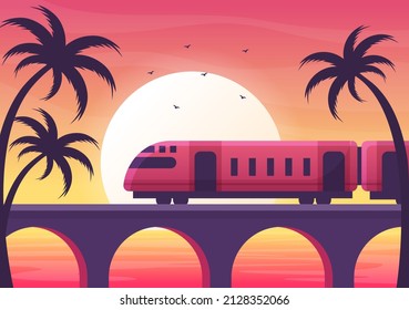 View of Train on Mountain or Sea in Flat Poster Illustration Background